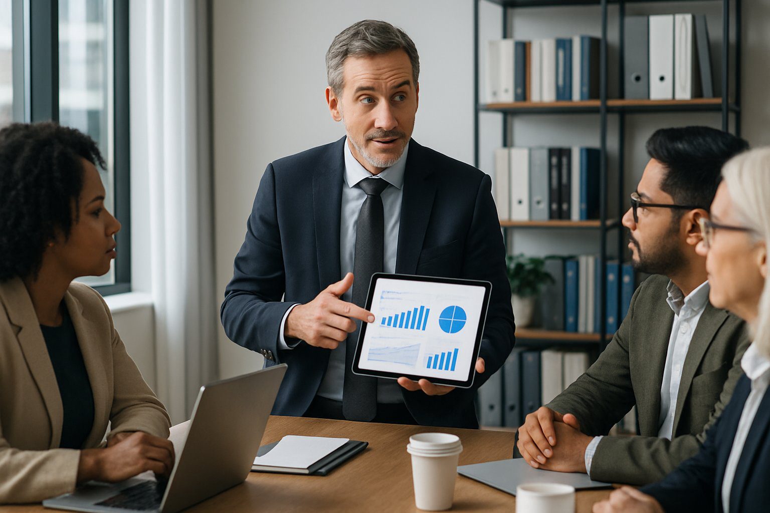 Principio di Cassa: Cos'è, Come Funziona, Come Gestirlo, Applicabilità e Pro e Contro (2026) 3 Un gruppo di professionisti in ufficio che discutono di principi finanziari, con un uomo che mostra grafici su un tablet mentre gli altri ascoltano attentamente.