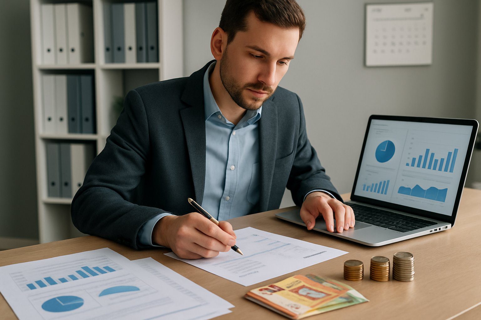 Principio di Cassa: Cos'è, Come Funziona, Come Gestirlo, Applicabilità e Pro e Contro (2026) 4 Professionista seduto a una scrivania con documenti finanziari, monete e banconote, in un ufficio ordinato mentre analizza grafici su un laptop.