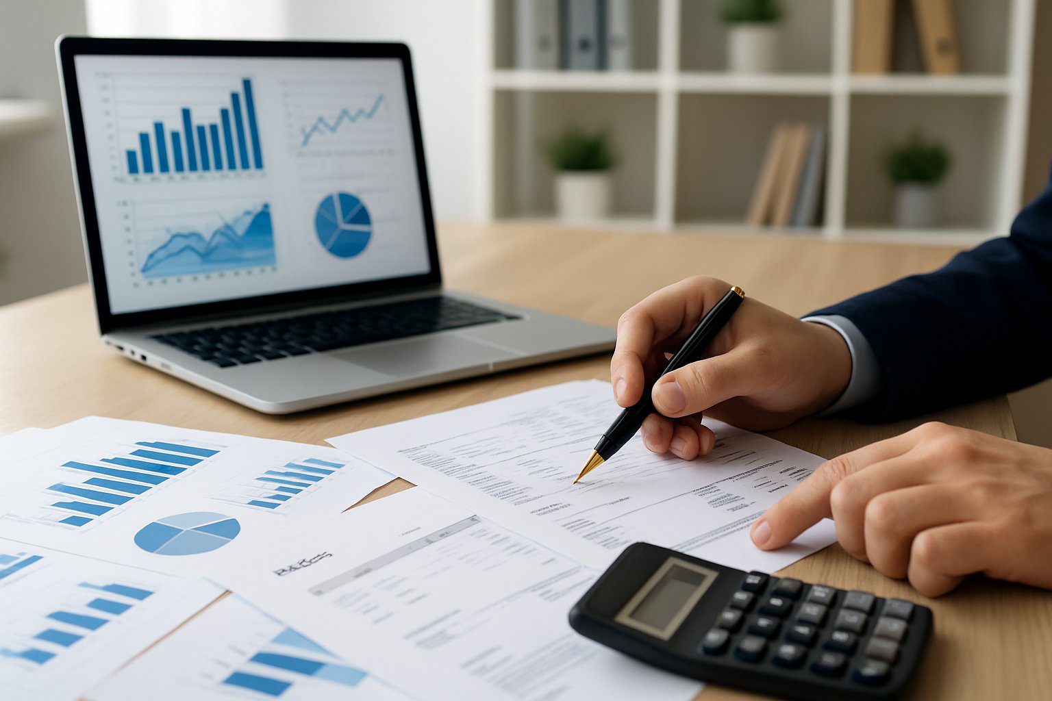 Principio di Cassa: Cos'è, Come Funziona, Come Gestirlo, Applicabilità e Pro e Contro (2026) 5 Scrivania d'ufficio con laptop, calcolatrice e documenti finanziari mentre una persona analizza i dati con una penna.