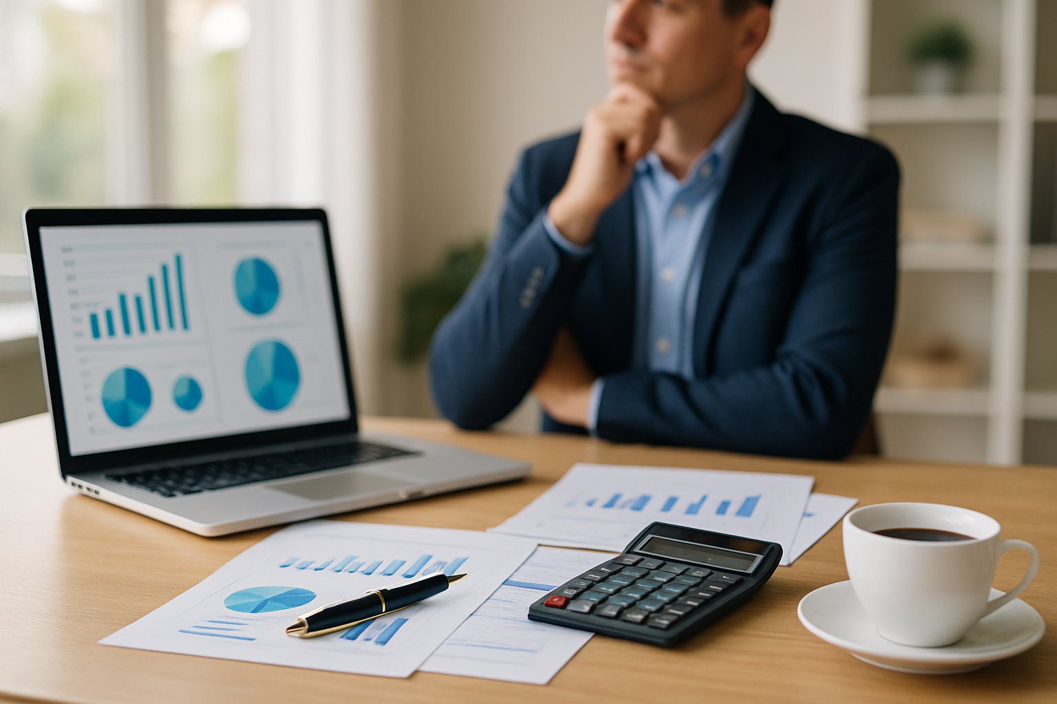 Principio di Cassa: Cos'è, Come Funziona, Come Gestirlo, Applicabilità e Pro e Contro (2026) 6 Una persona in ufficio che analizza documenti finanziari su una scrivania ordinata con laptop, calcolatrice e tazza di caffè.