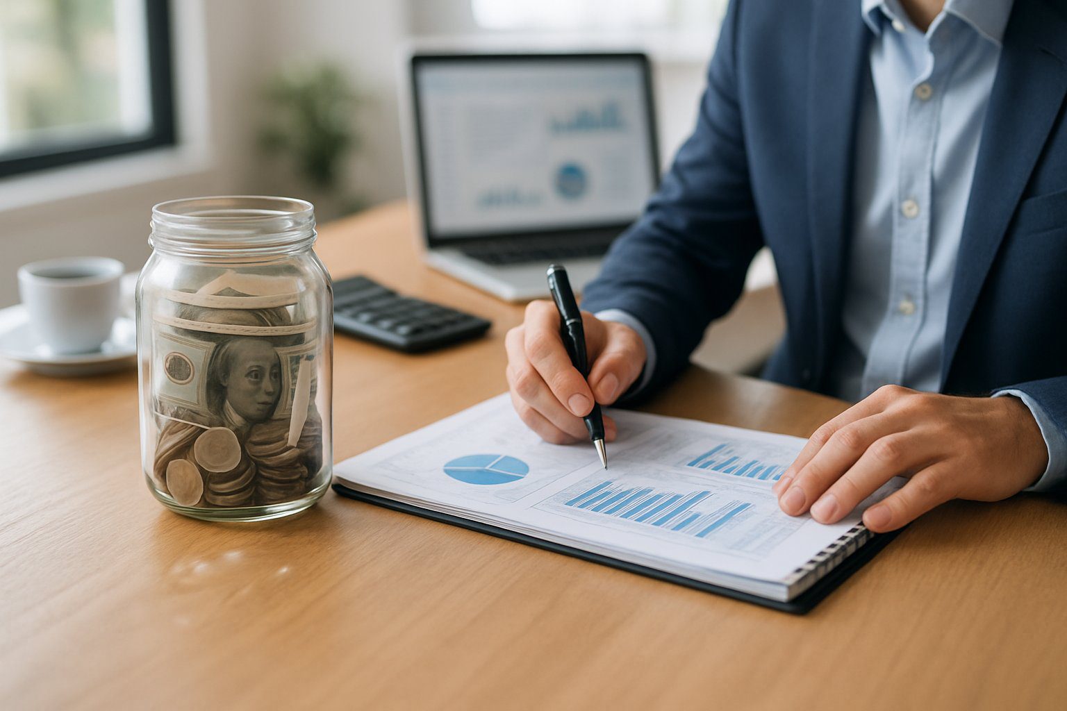 Principio di Cassa: Cos'è, Come Funziona, Come Gestirlo, Applicabilità e Pro e Contro (2026) 8 Ufficio moderno con una persona che analizza documenti finanziari e una giara di vetro con contanti sul tavolo, rappresentando concetti di contabilità.