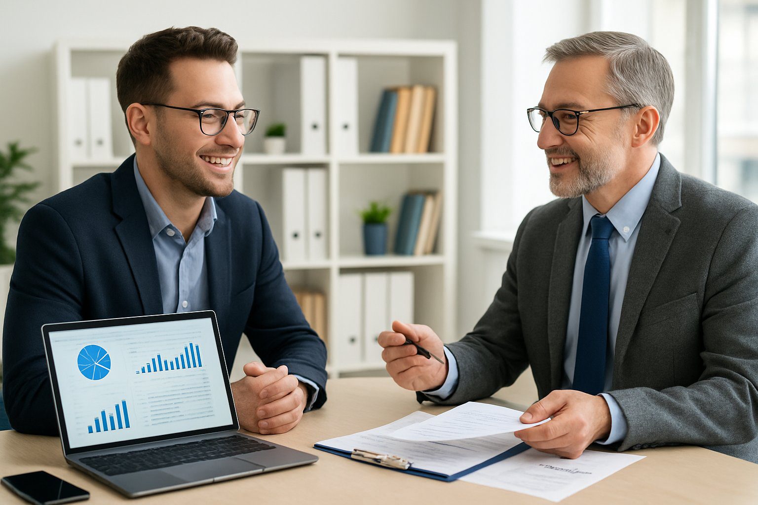 Principio di Cassa: Cos'è, Come Funziona, Come Gestirlo, Applicabilità e Pro e Contro (2026) 10 Una persona che consulta un commercialista in un ufficio moderno con laptop e documenti finanziari sul tavolo.