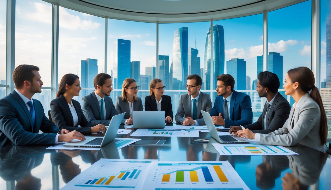 Un gruppo di professionisti in una riunione di lavoro in un ufficio moderno con vista sulla citt&agrave;.