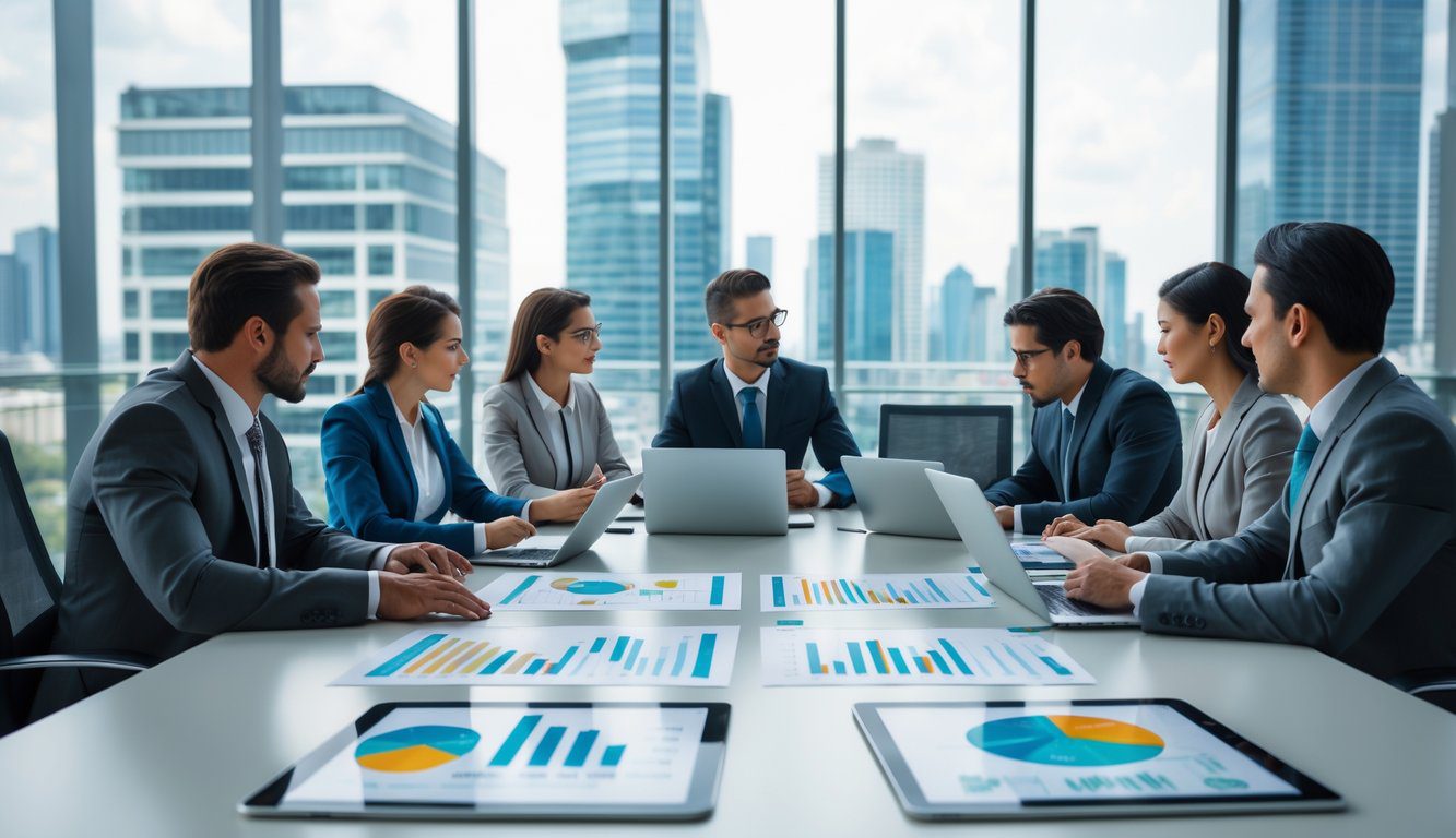 Un gruppo di professionisti in abiti formali riuniti intorno a un tavolo da conferenza in un ufficio moderno con vista sulla citt&agrave;, intenti a discutere e analizzare documenti e dispositivi elettronici.