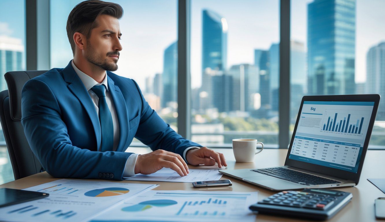 Holding: Cos'è, Come Funziona, Tipologie, Costituzione, Struttura, Gestione, Tassazione, Vantaggi e Svantaggi (2026) 8 Persona d'affari in ufficio che analizza documenti finanziari e grafici su un laptop, con vista su uno skyline cittadino sullo sfondo.