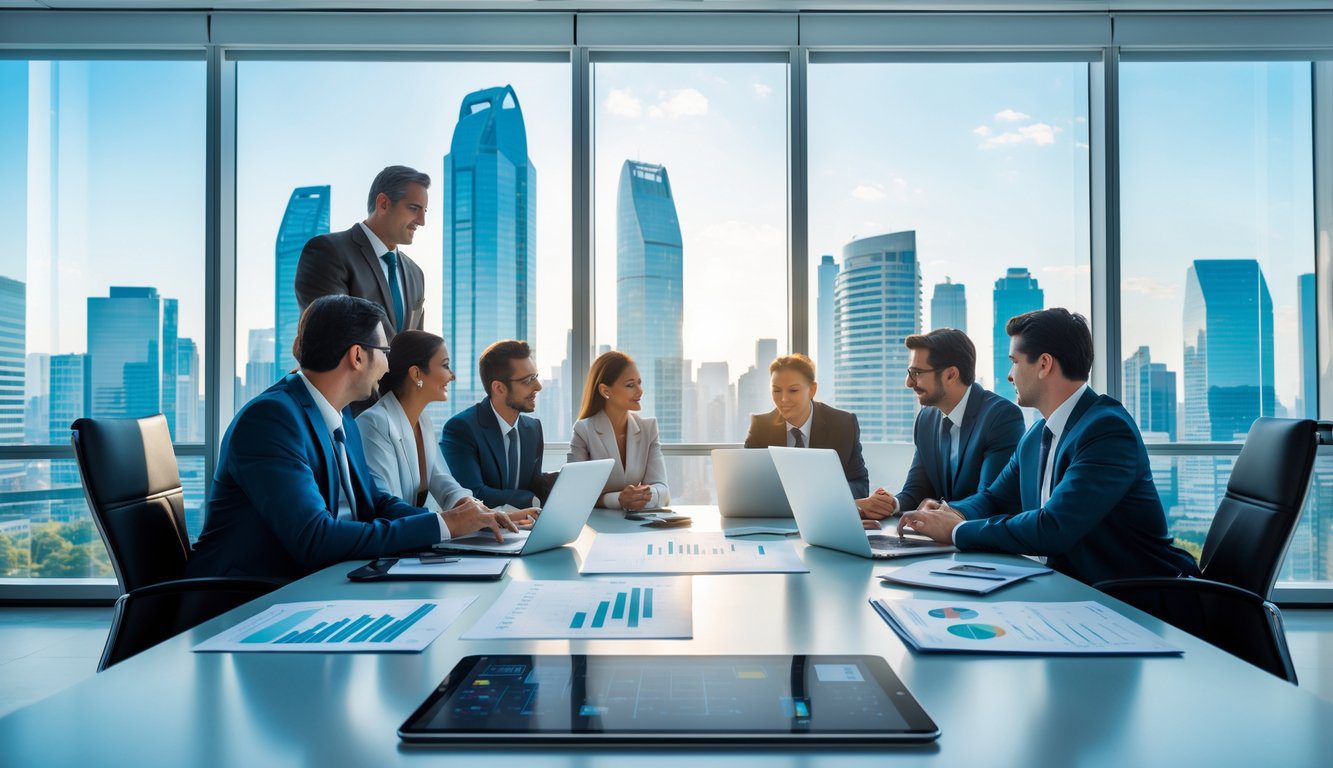Holding: Cos'è, Come Funziona, Tipologie, Costituzione, Struttura, Gestione, Tassazione, Vantaggi e Svantaggi (2026) 9 Un gruppo di professionisti in un ufficio moderno che discutono insieme attorno a un tavolo con laptop e documenti, con una vista della città sullo sfondo.