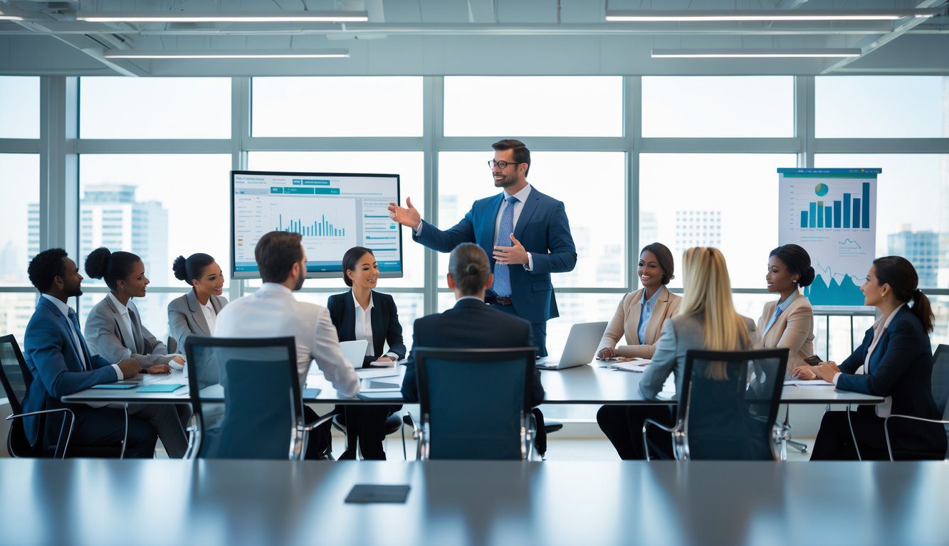 Gruppo di professionisti in una riunione aziendale in un ufficio moderno con vista sulla citt&agrave;, mentre un leader presenta informazioni ai colleghi seduti attorno a un tavolo.