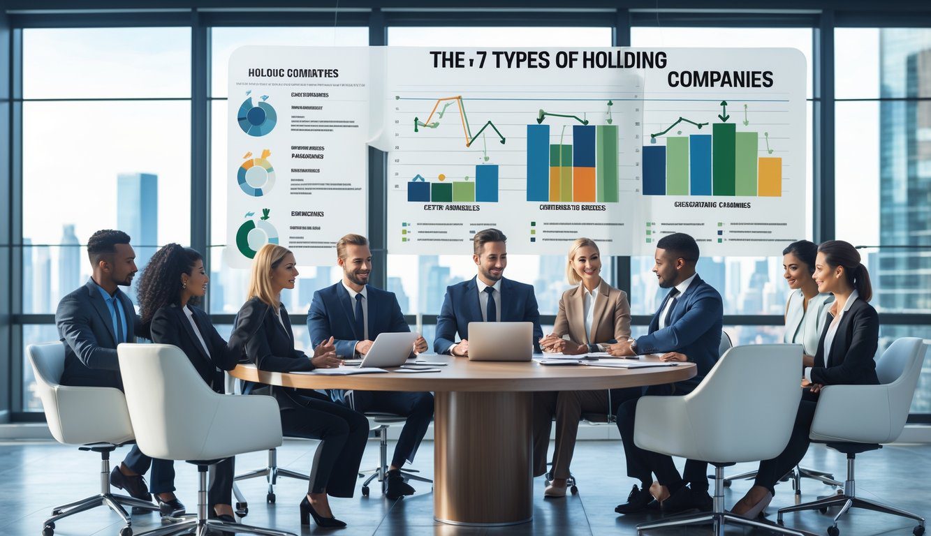 Un gruppo di professionisti in una riunione in un ufficio moderno con vista sulla citt&agrave;, con grafici e documenti sul tavolo.